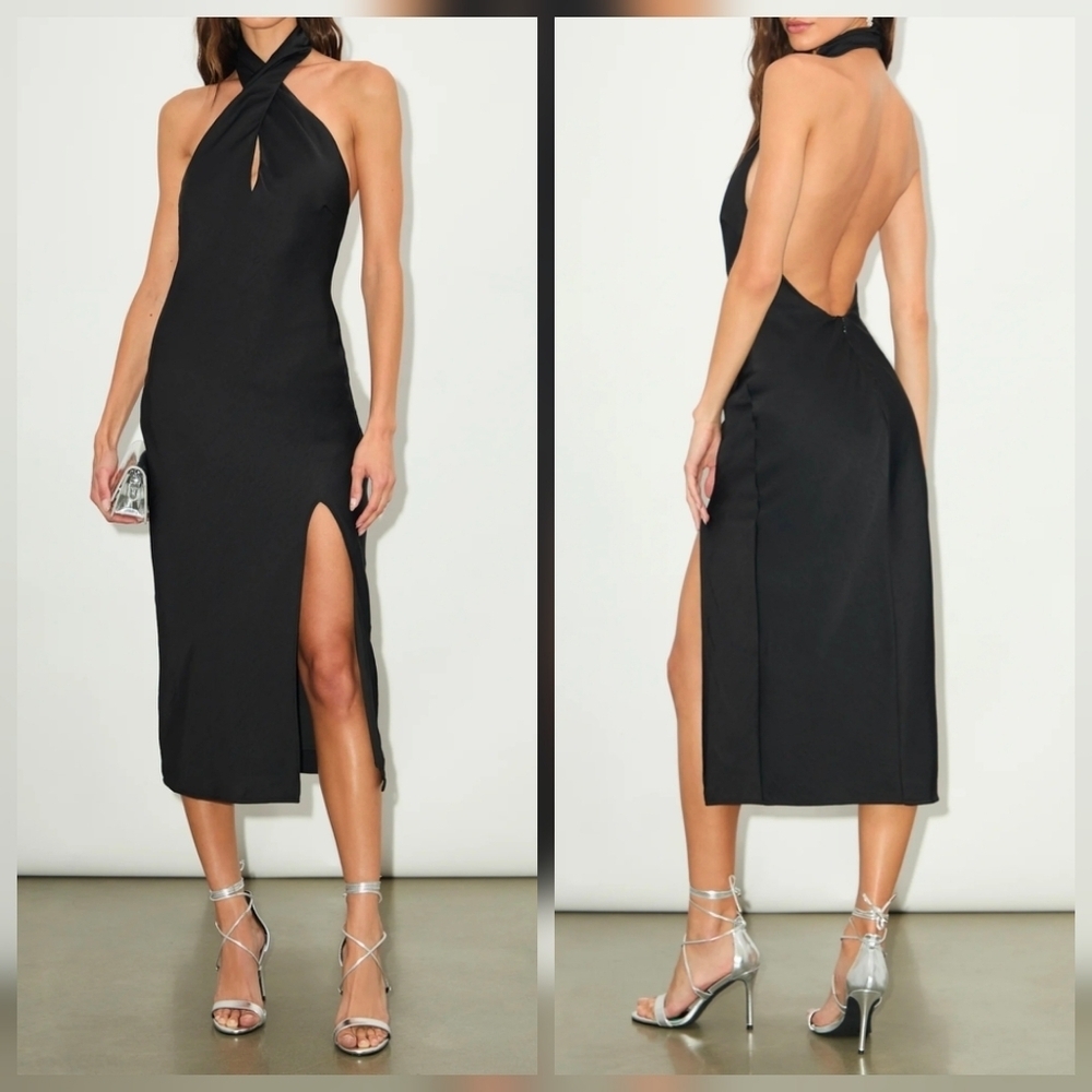 Lulus Beyond Classy Black Satin Backless Keyhole Halter Midi Dress